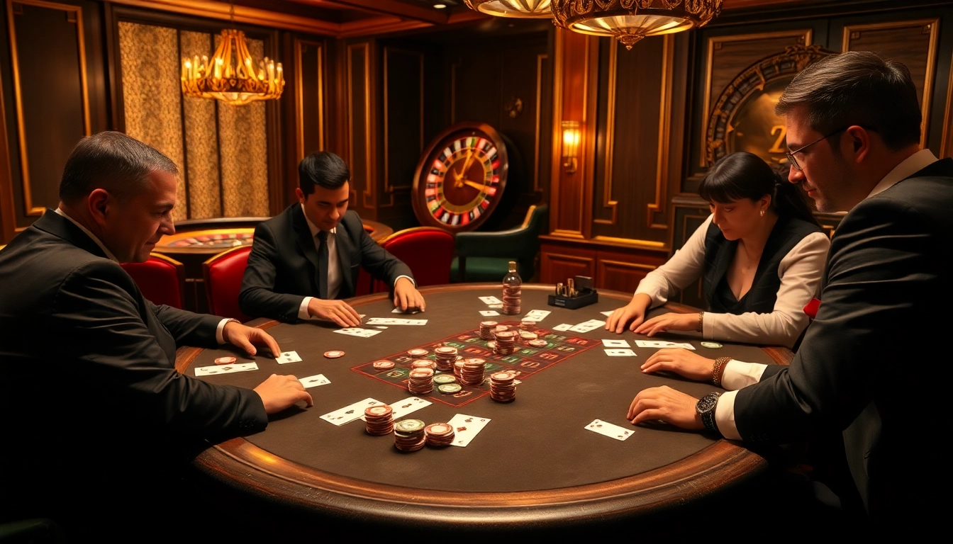 Experience the thrill of https://b52club.forum/ with players strategizing at an upscale poker table.