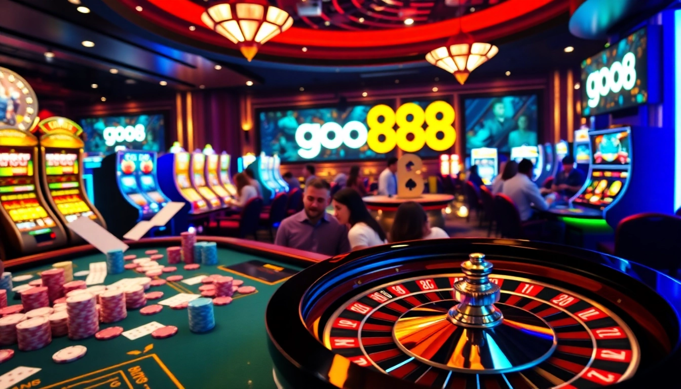 Experience thrilling gameplay at a go88 casino table with poker chips and vibrant slot machines.