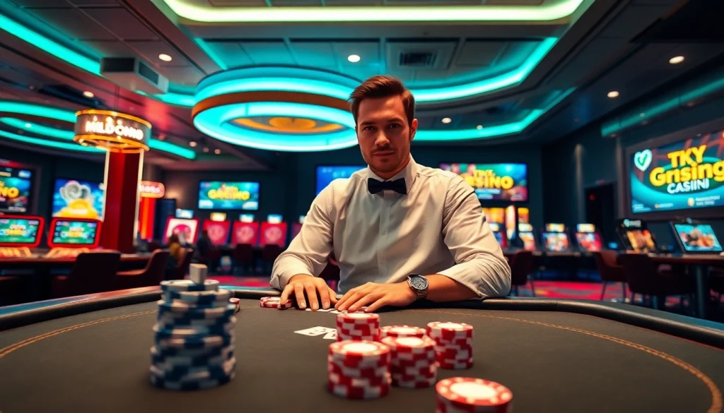 Découvrez une ambiance dynamique de casino en ligne avec des jeux et des jetons.