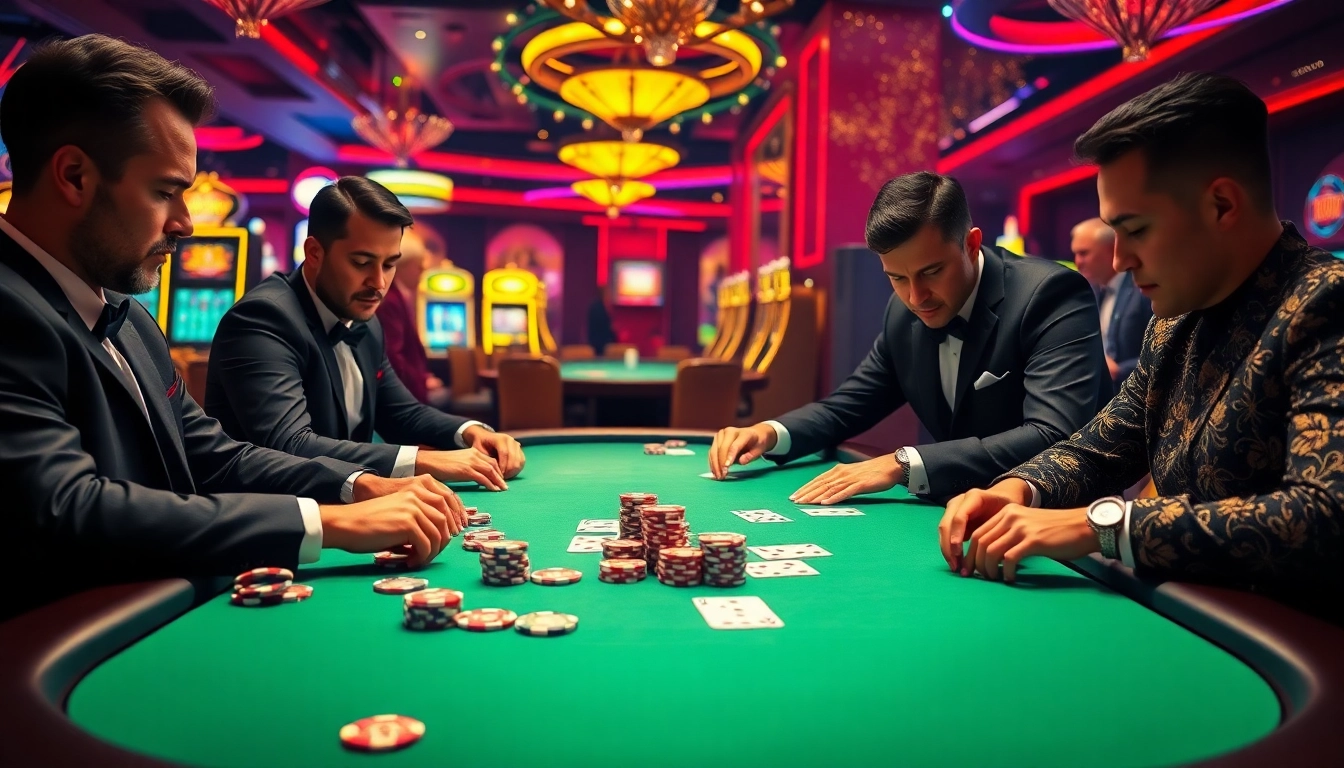 Hitclub players strategizing bets at a luxurious poker table in an elegant casino.
