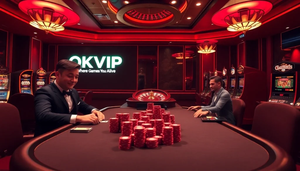 Experience the thrill of poker at OKVIP's luxurious casino setting with high-stakes action.