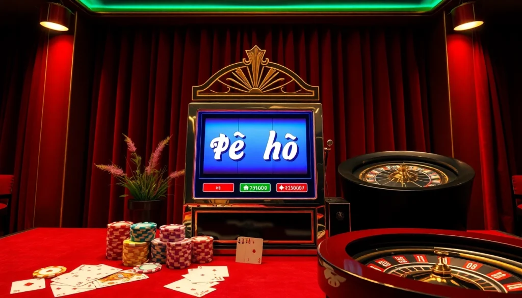 Thrilling slot machine with the phrase "nổ hũ" showcasing exciting gambling elements in a luxurious casino setting.