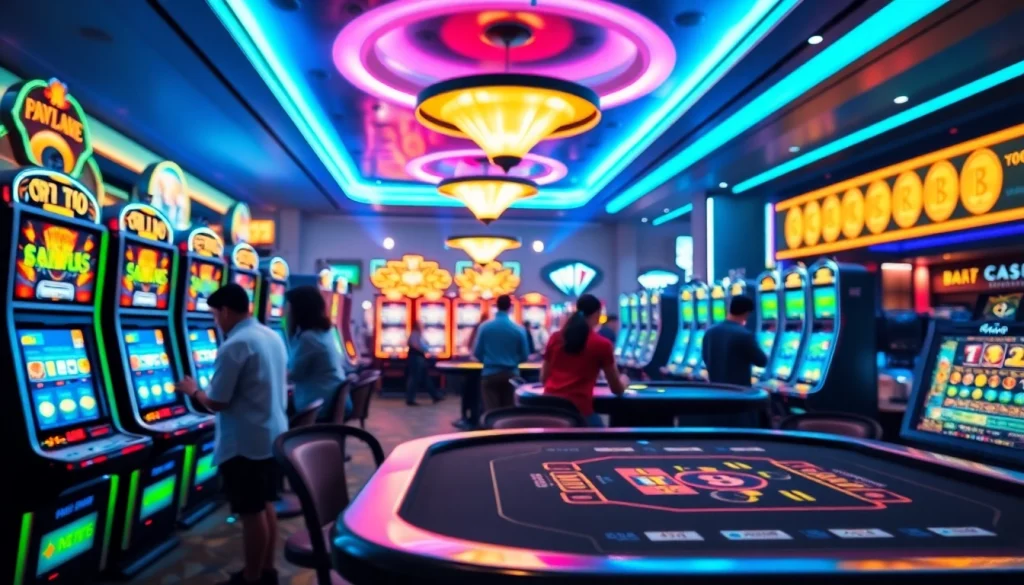 Joueurs en action dans un crypto casino moderne et lumineux.