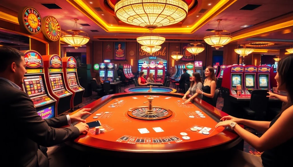 A lively casino scene showcasing 'casino en ligne avec retrait immédiat' with players winning at tables, colorful chips, and cards.