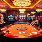 A lively casino scene showcasing 'casino en ligne avec retrait immédiat' with players winning at tables, colorful chips, and cards.