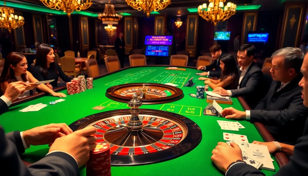 Baccarat table players examining betting slips in luxurious casino with bạch thủ lô kép numbers displayed.