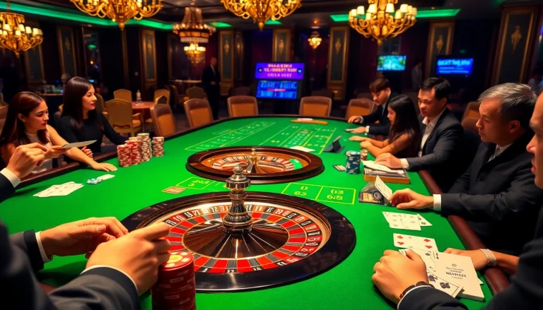 Baccarat table players examining betting slips in luxurious casino with bạch thủ lô kép numbers displayed.