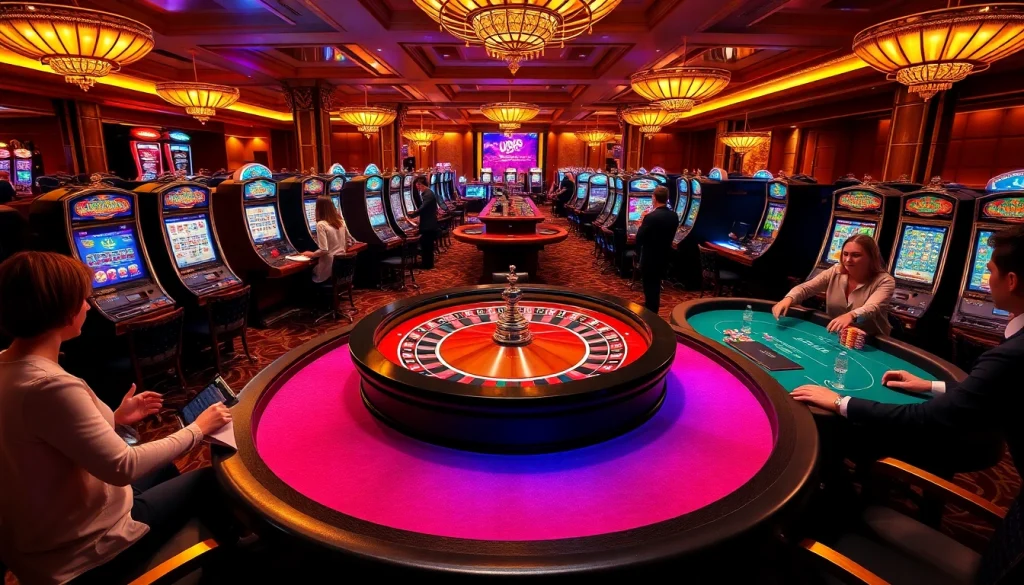 Players enjoying thrilling games at the U 888 casino with vibrant slot machines and roulette tables.