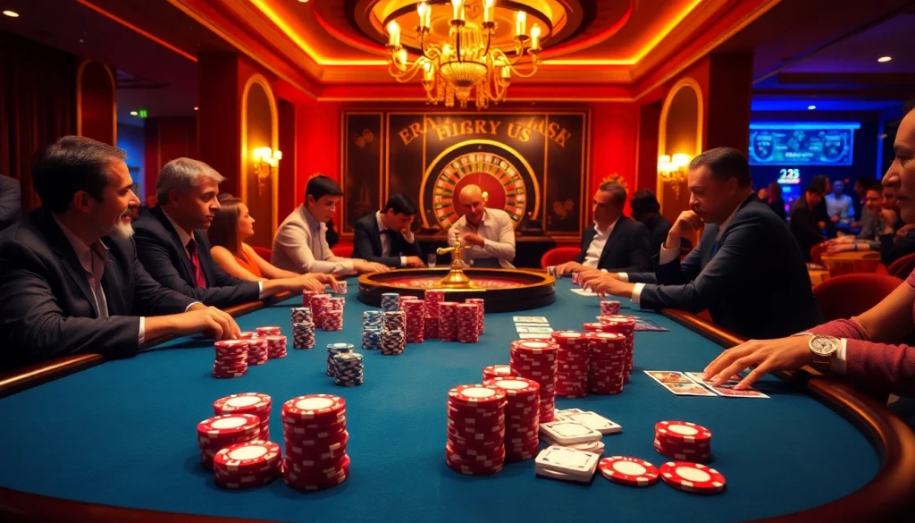 Players engaging in high-stakes poker at a lavish table featuring 123b poker chips and cards.