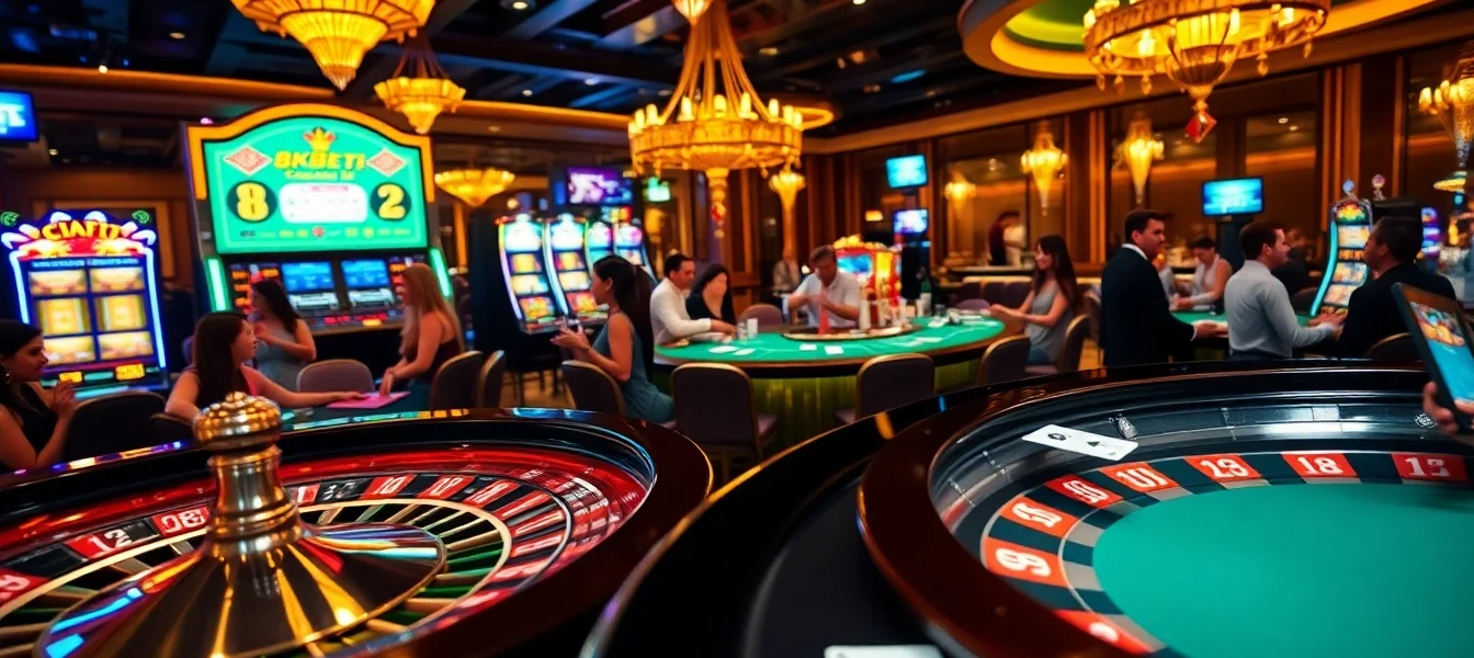 Exciting casino atmosphere with 8KBET elements, showcasing vibrant gambling tables and lively players.
