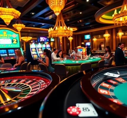Exciting casino atmosphere with 8KBET elements, showcasing vibrant gambling tables and lively players.