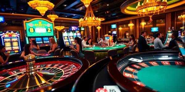 Exciting casino atmosphere with 8KBET elements, showcasing vibrant gambling tables and lively players.