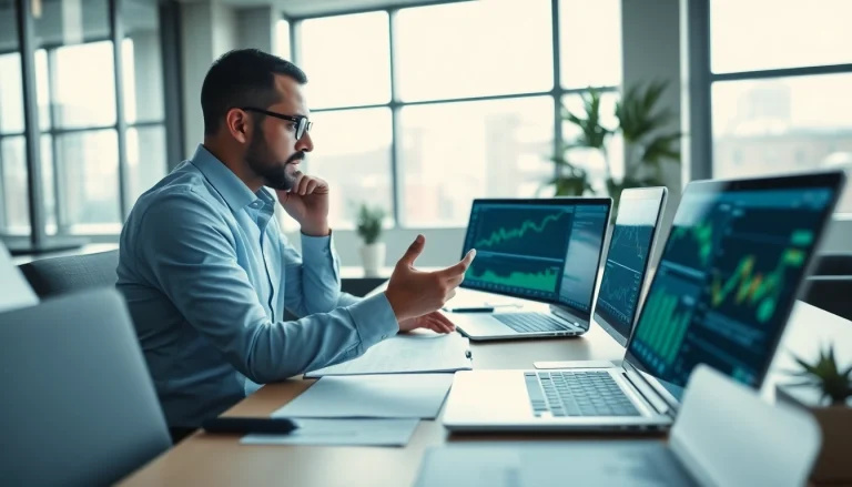 Analyse des marchés financiers avec des graphiques et des ordinateurs sur un bureau moderne.