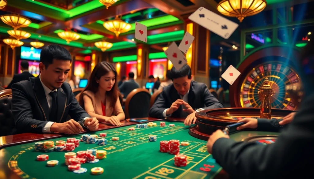Tài xỉu online players enjoying a vibrant casino atmosphere with dice and chips.