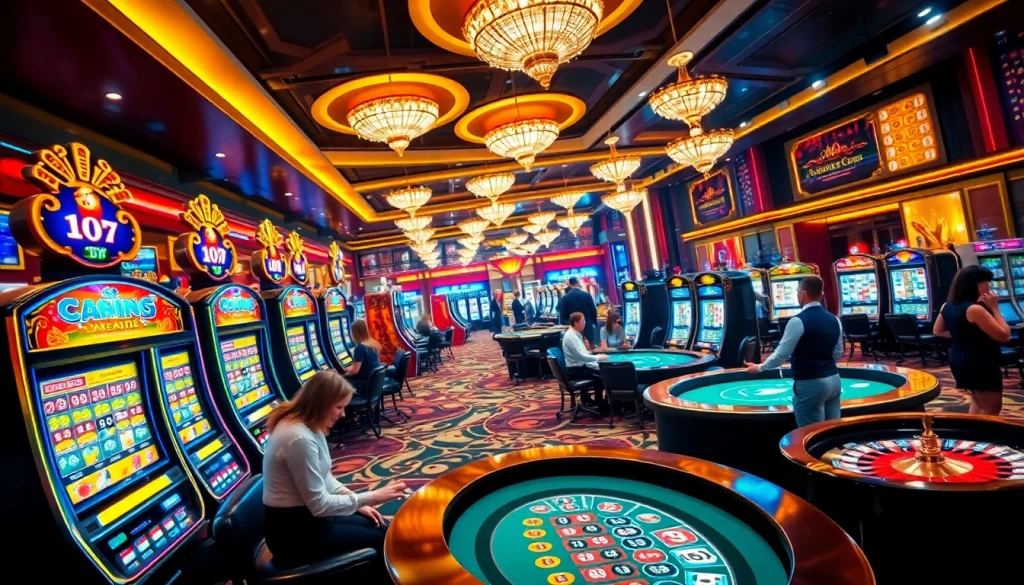Exciting casino atmosphere at https://nohu90.is/ with engaged players and vibrant slot machines.