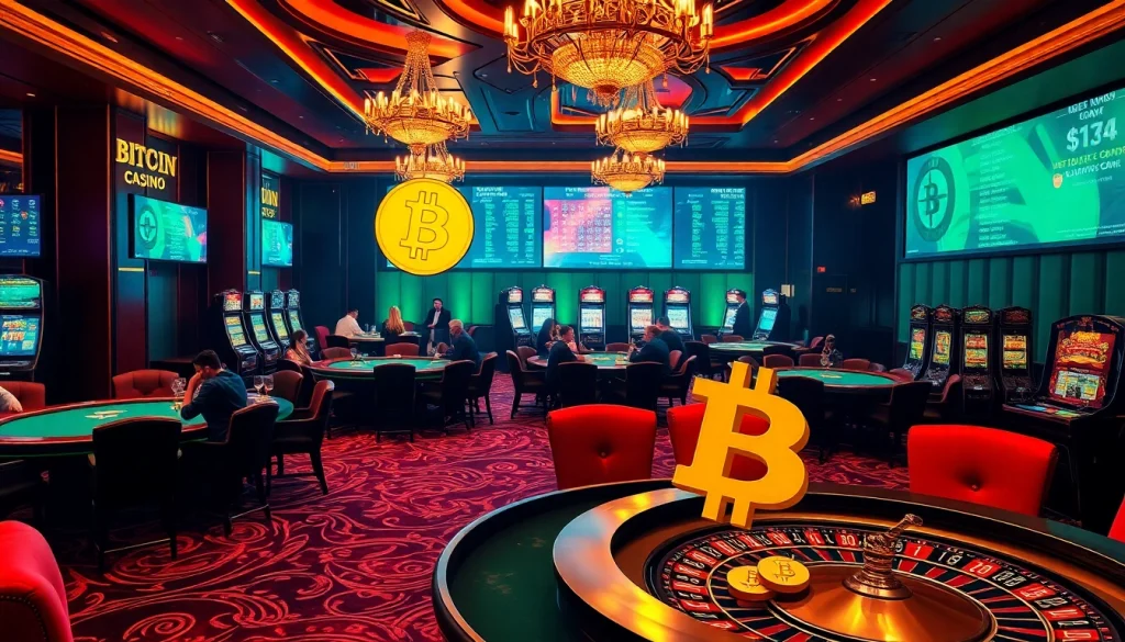 Exciting gameplay at Bitcoin casinos with illuminated slot machines and roulette.