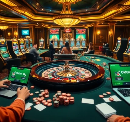 Okfun players engaging in an exciting casino game at a luxurious roulette table.