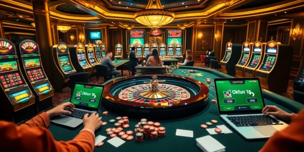 Okfun players engaging in an exciting casino game at a luxurious roulette table.