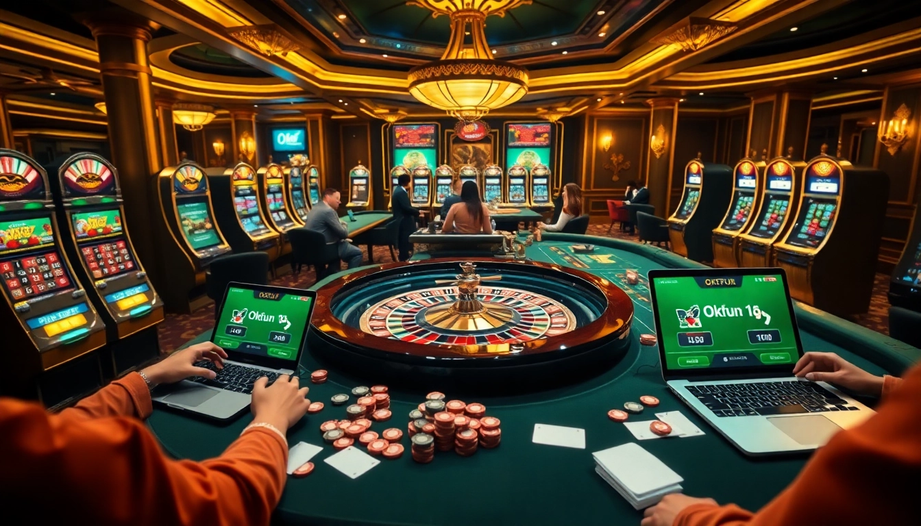 Okfun players engaging in an exciting casino game at a luxurious roulette table.