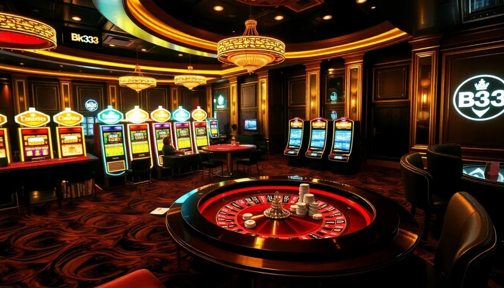 Experience thrilling gameplay at the Bk33 club surrounded by lively casino elements.