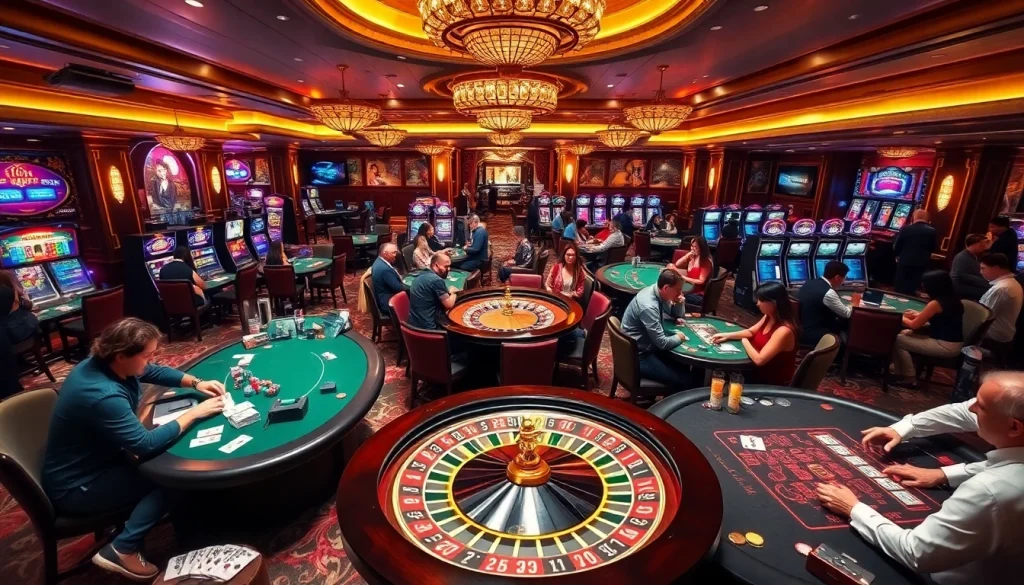 Players enjoying high-stakes games at Ev88 casino with vibrant tables and luxurious decor.