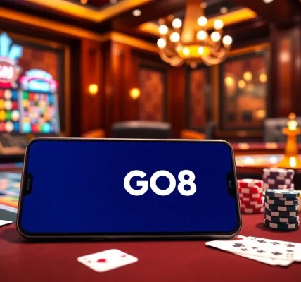 Experience thrilling gameplay with Đăng Nhập GO8 on an elegant casino table, featuring poker chips and cards.