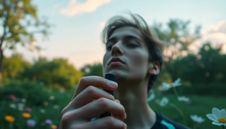 Buy dmt near me with a serene user in a tranquil setting, enjoying a vape pen.