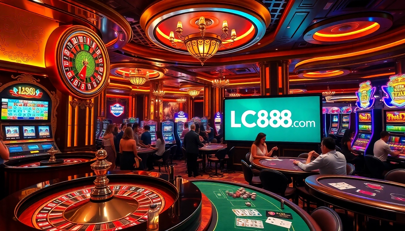Players enjoying exciting games at lc88 com casino with vibrant slot machines and poker tables.
