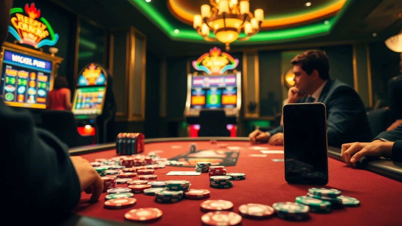 Experience the thrill of gambling with high-stake poker chips and the latest S8 smartphone showcased in a luxurious casino.