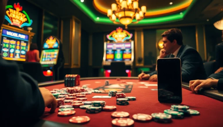 Experience the thrill of gambling with high-stake poker chips and the latest S8 smartphone showcased in a luxurious casino.