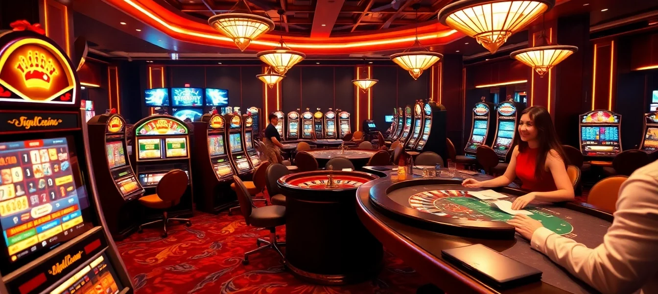 FM88 players enjoying an exciting casino experience with vibrant slot machines and roulette wheels.