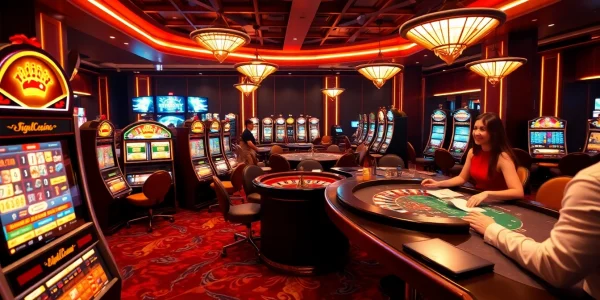 FM88 players enjoying an exciting casino experience with vibrant slot machines and roulette wheels.