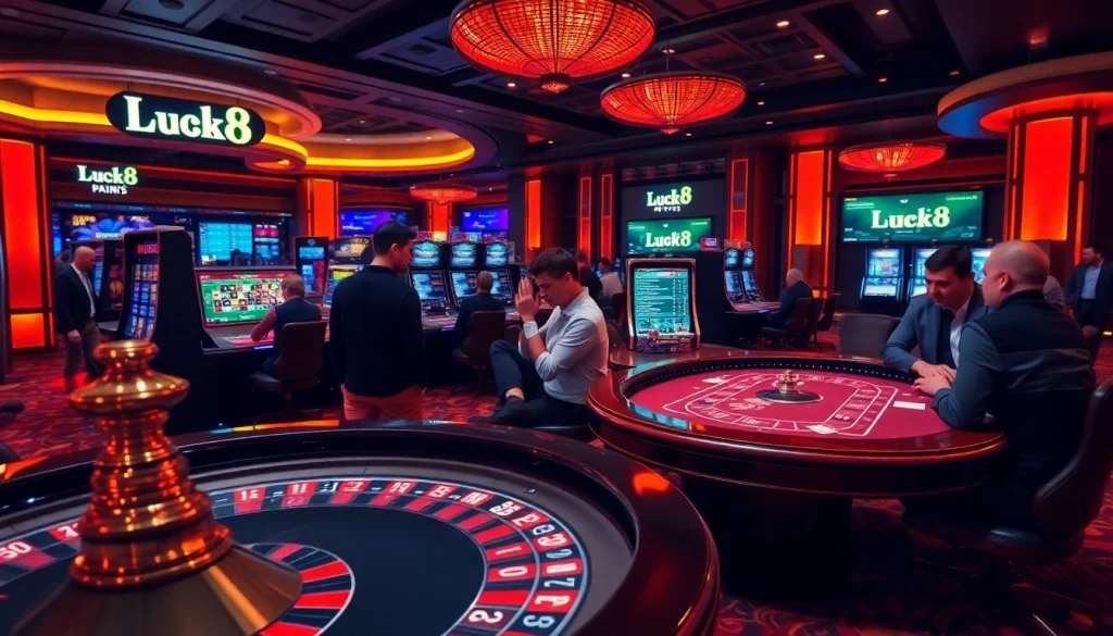 Luck8 players enjoying an exciting game at a luxury casino with roulette and poker tables.