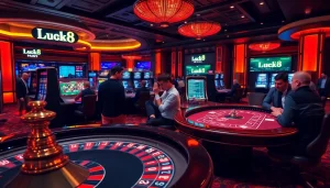 Luck8 players enjoying an exciting game at a luxury casino with roulette and poker tables.
