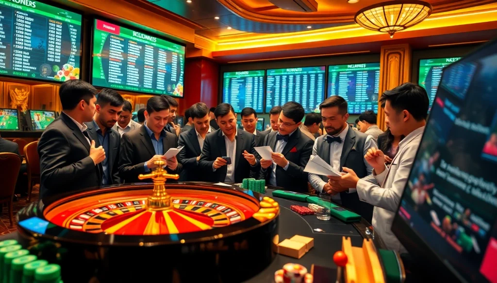 Engaged gamblers analyze kèo nhà cái hôm nay at a vibrant casino sports betting desk.
