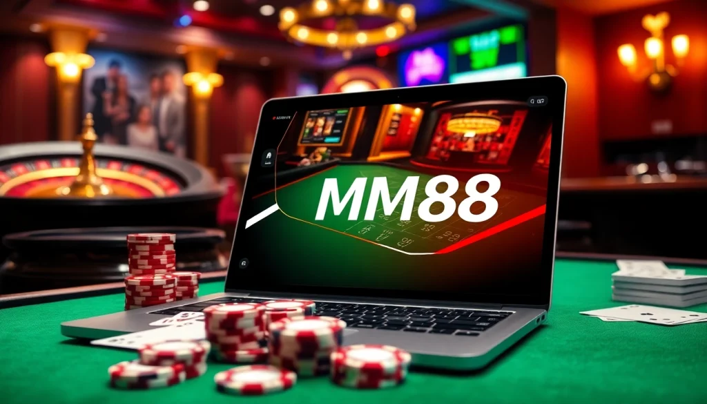 An immersive online gambling interface showcasing MM88, featuring a live casino setup with poker chips and cards.
