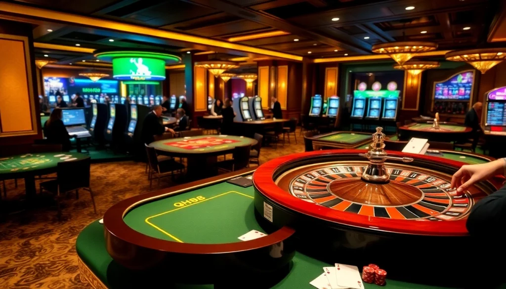 Action-packed gaming scene at qh88 casino with roulette, poker chips, and vibrant atmosphere.