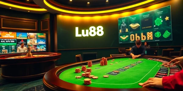 Exciting gambling scene at Lu88 showcasing poker and roulette in a luxurious casino environment.