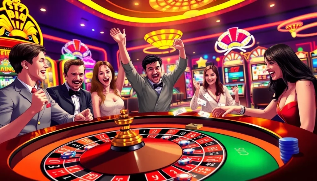 Jouer à meilleur casino en ligne dans une ambiance animée avec des joueurs heureux.