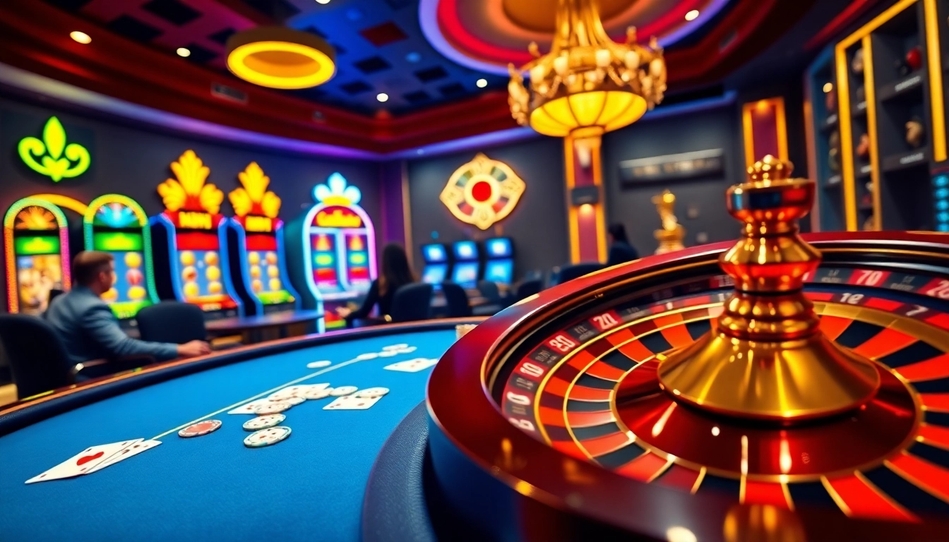 Engaged players enjoying a high-stakes game at 789f casino with vibrant slot machines and roulette.