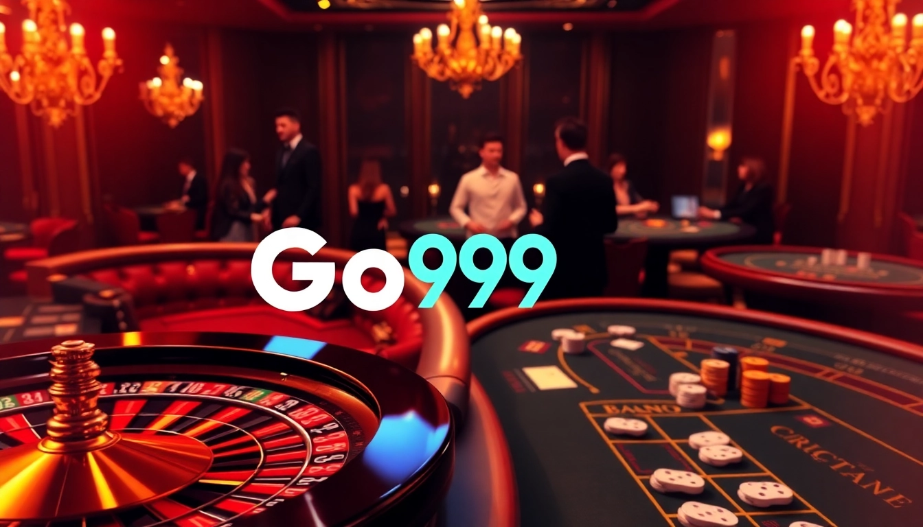 Go99 logo in a luxurious casino scene with roulette and blackjack tables, evoking excitement in gambling.