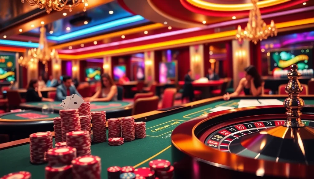 Engage with casino en ligne Français featuring vibrant gaming tables stacked with poker chips and roulette wheels.