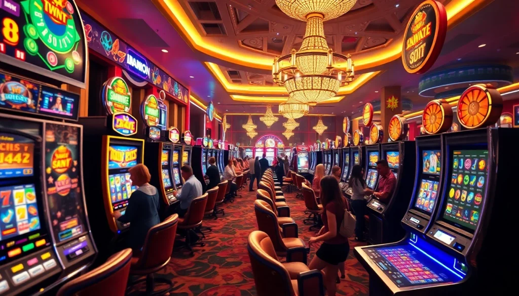 Jouer à des jeux de casino en ligne dans une ambiance animée et colorée de casino.