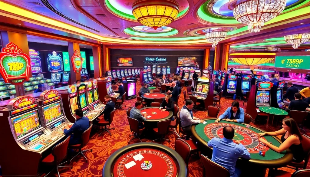 Excited players enjoying games at 789P casino with colorful slot machines and poker tables.