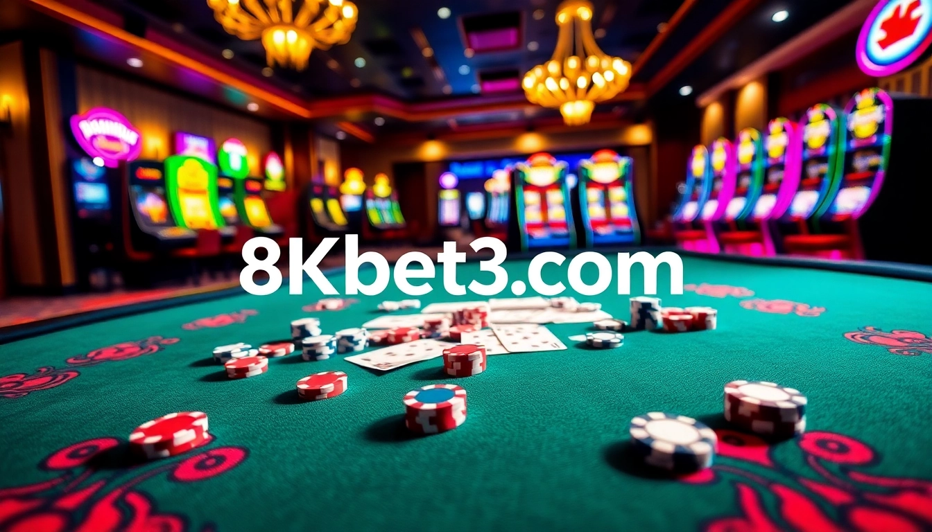 Experience the excitement of 8kbet3.com with a vibrant casino scene featuring poker chips and cards.