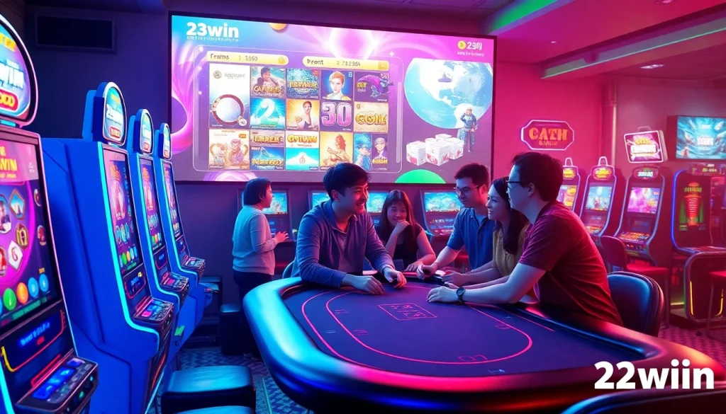 Exciting gaming scene featuring vibrant visuals and gaming elements for 23win platform.