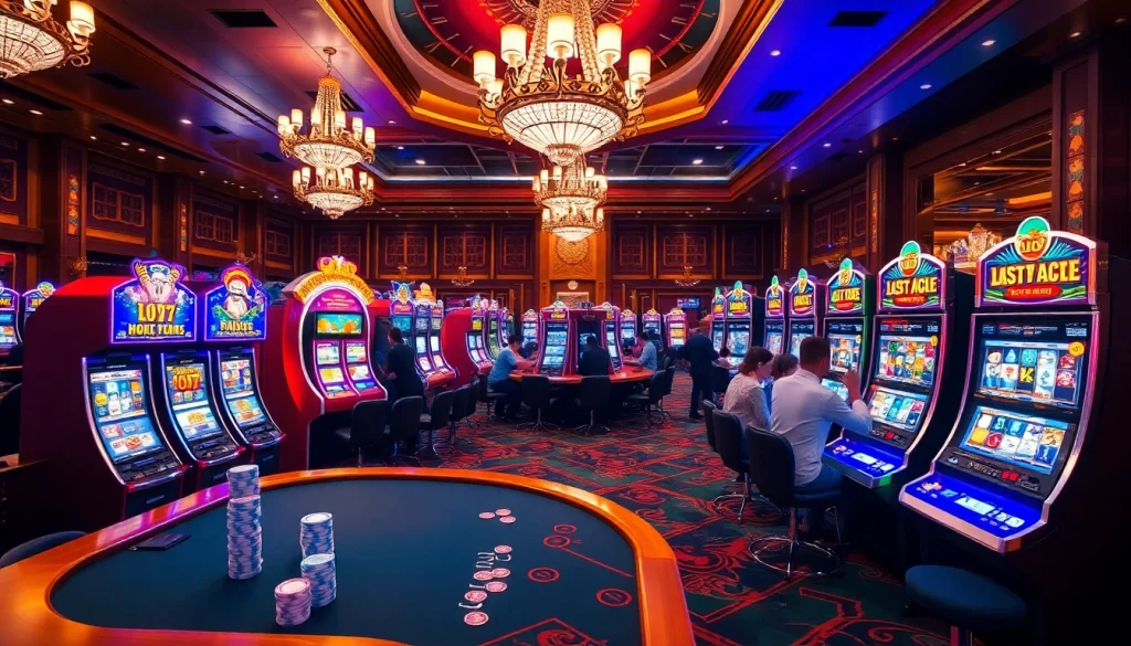 Experience the thrill of Slot777 gaming with vibrant machines and excited players in a luxurious casino