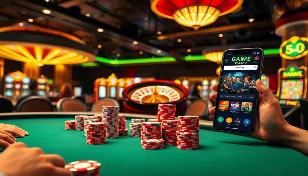 Players engage with Game bài đổi thưởng at an exciting poker table in a luxurious casino setting.