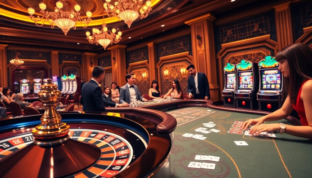 Players enjoying a thrilling experience at a casino en ligne Français with poker tables and bright slot machines.