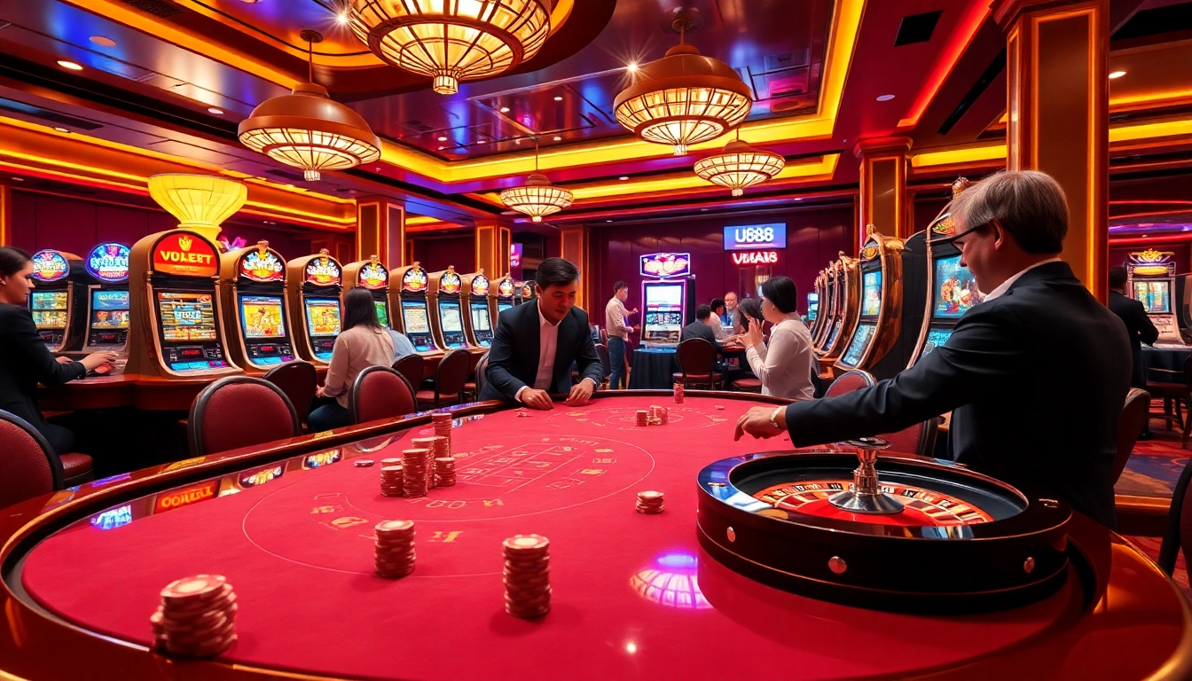 U888 casino scene with players at a poker table, vibrant slots, and roulette wheel action.
